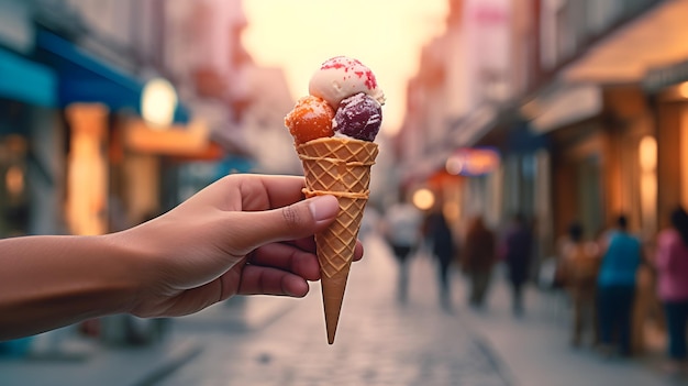 Hand holding delicious icecream with blur street background