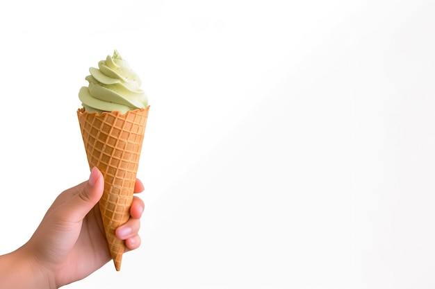 Hand holding delicious matcha ice cream in a crispy waffle cone with copy space