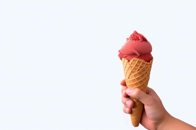 Hand holding delicious red velvet ice cream in a crispy waffle cone with copy space