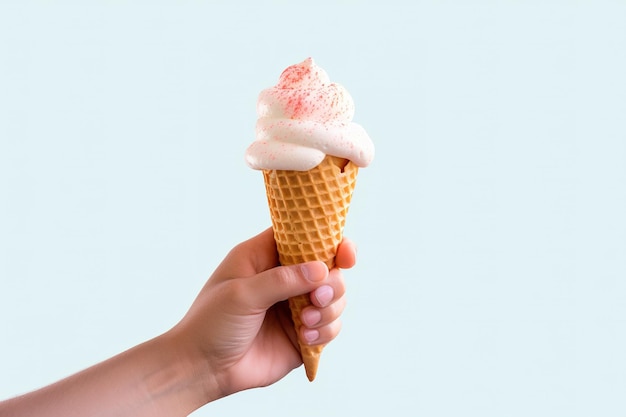 Hand holding delicious strawberry ice cream in a crispy waffle cone with copy space