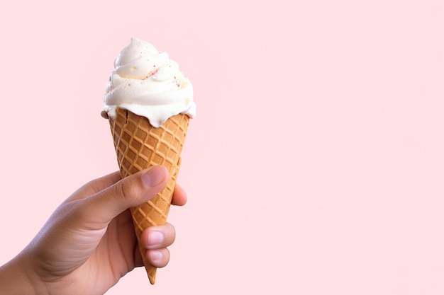 Hand holding delicious vanilla ice cream in a crispy waffle cone with copy space