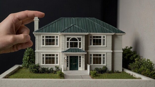 Hand holding detailed miniature model of modern two story house with green roof and large windows