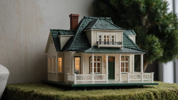 Hand holding detailed miniature model of modern two story house with green roof and large windows