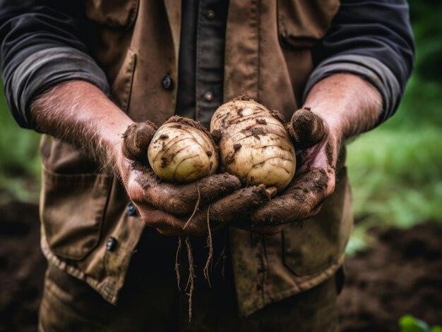 Hand holding a dirtcovered potato