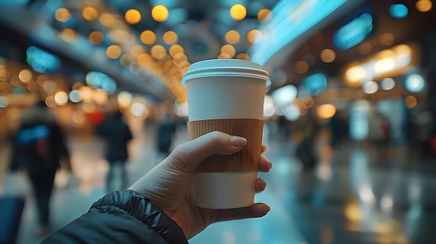 A hand holding a disposable coffee cup in an airport terminal shallow depth of field blurred backgro