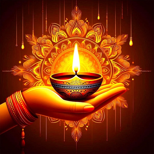 Hand holding Diwali lamp with decorative backgroung