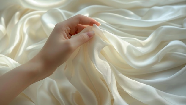 Photo hand holding a draped white silk fabric