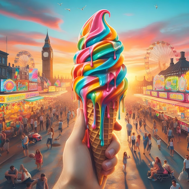 A hand holding a dripping cone of rainbow sherbet against a backdrop of a bustling summer fair