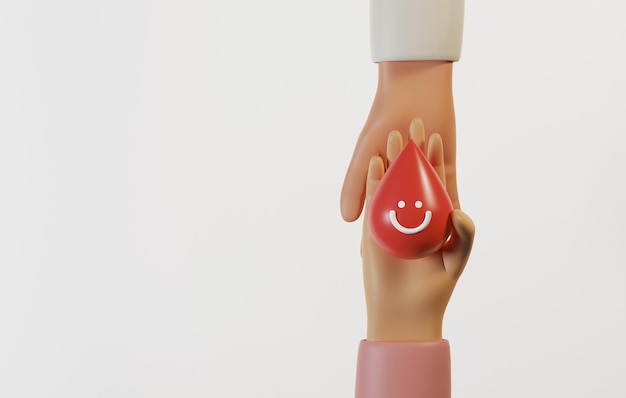 Hand holding a drop of blood with a smiling face giving it to recipient