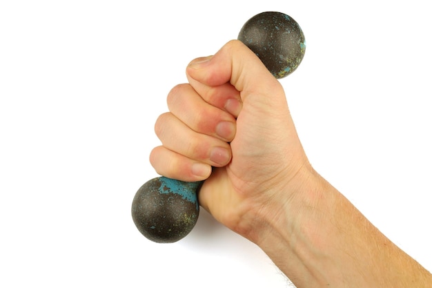 Hand holding dumbbell isolate and closeup