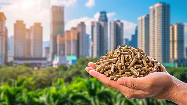 Hand holding eco friendly wood pellet against urban skyline symbolizing reduced pollution