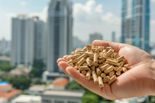 Hand holding eco friendly wood pellet with city skyline in background symbolizing reduced pollution