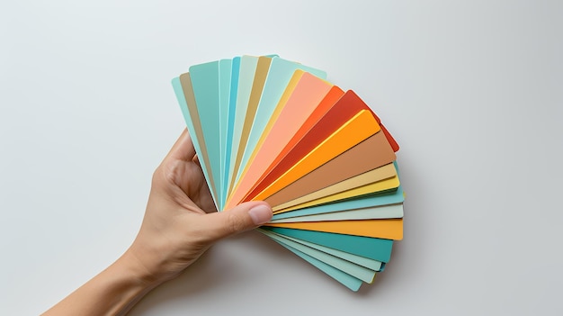 Photo hand holding a fan of colorful paint swatches on a white background