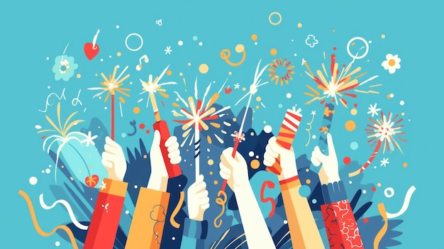 Hand holding firecracker design with colorful ribbons and fireworks in the background illustrative