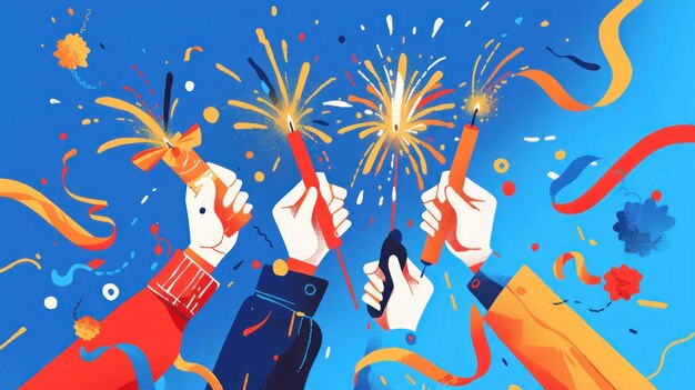 Hand holding firecracker design with colorful ribbons and fireworks in the background illustrative