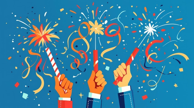 Hand holding firecracker design with colorful ribbons and fireworks in the background illustrative