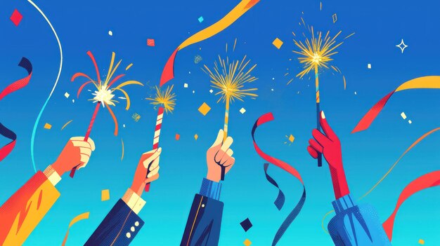 Hand holding firecracker design with colorful ribbons and fireworks in the background illustrative