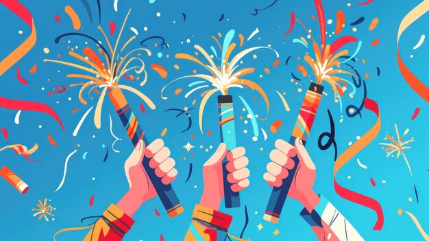 Hand holding firecracker design with colorful ribbons and fireworks in the background illustrative