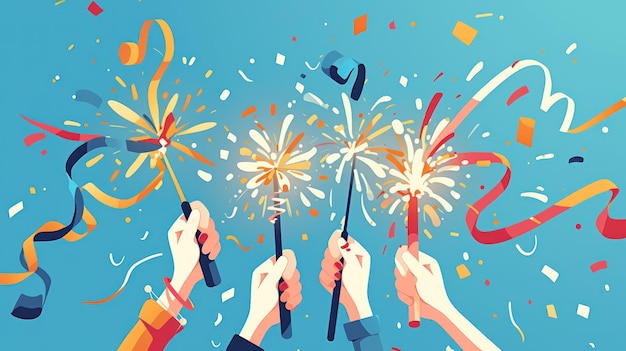 Hand holding firecracker design with colorful ribbons and fireworks in the background illustrative