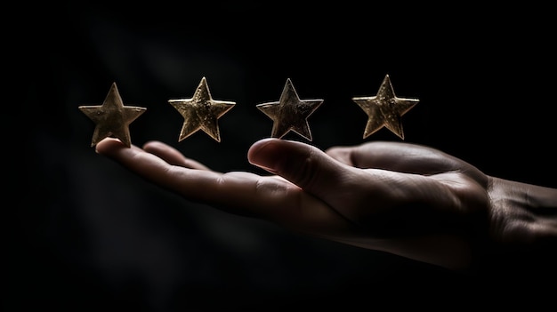 A hand holding five stars on a black background