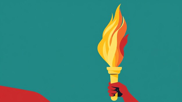 Photo a hand holding a flaming torch against a teal background