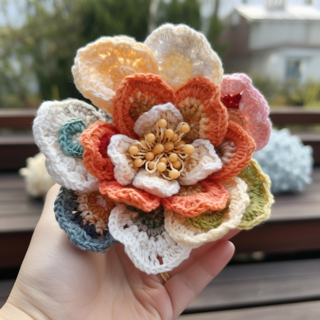 A hand holding a flower made by a woman.