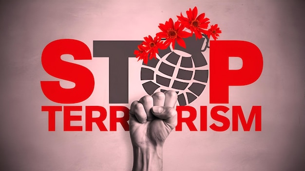 A hand holding flowers and a sign that says Stop Terrorism