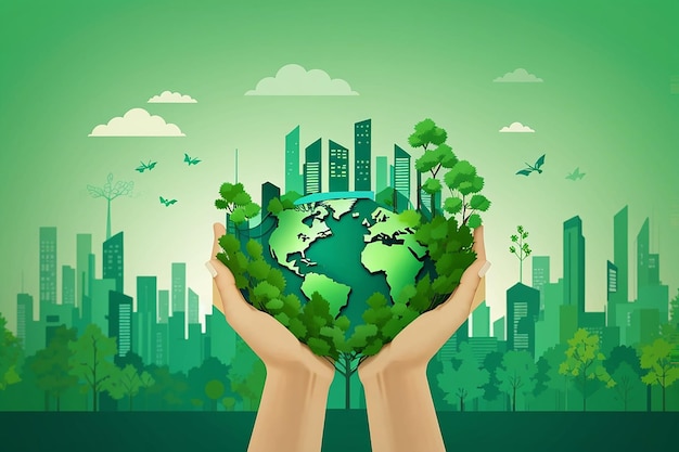 Hand holding forest want to save the world concept Green city and ecology can used for banner