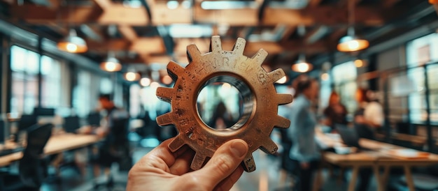 Photo hand holding gear in modern office setting with blurred background of busy coworking space