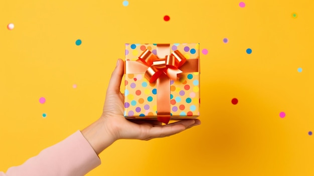 A hand holding a gift with a red ribbon on it