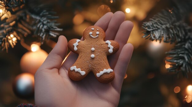 Photo a hand holding a gingerbread man in front of christmas tree ai