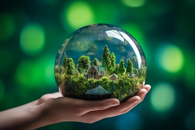 A hand holding a glass ball with a forest scene in the background.