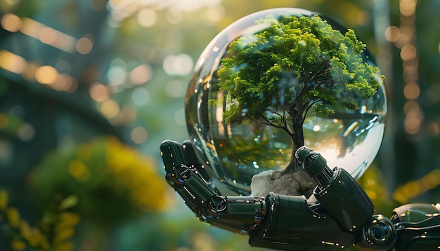 a hand holding a glass ball with a tree in the background