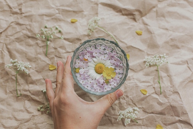 Hand holding glass cup with daisy flower and lilac petals in water on rustic paper with wildflowers