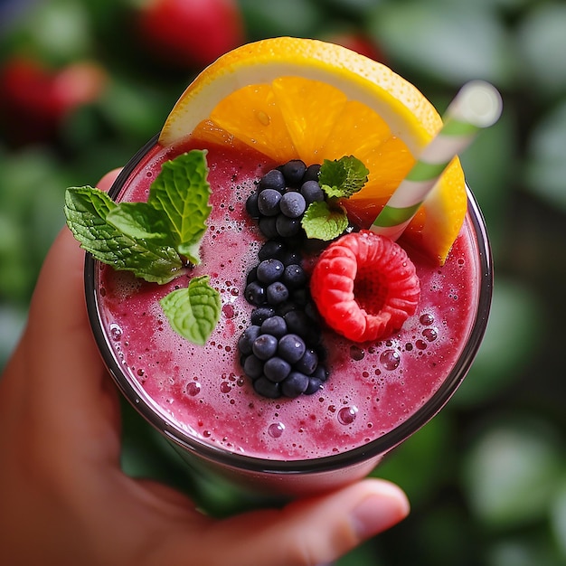 a hand holding a glass filled with fruit and berries