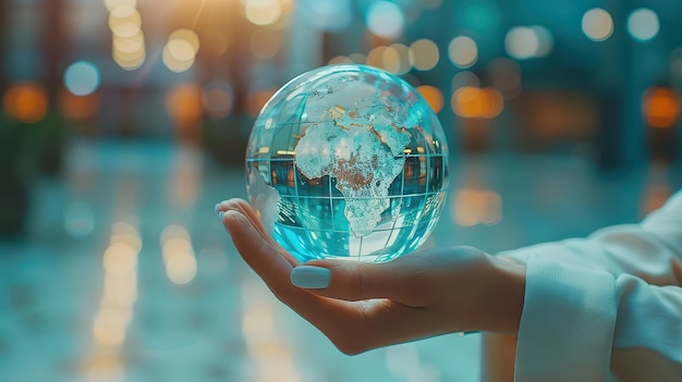 Hand Holding Glass Globe with World Map and Bokeh Background