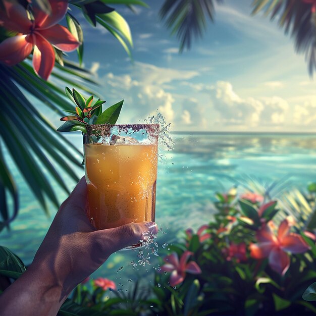 Photo a hand holding a glass of iced tea with a tropical beach in the background