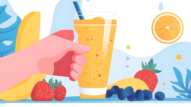 Hand Holding Glass of Orange Smoothie with Fruit