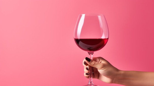 Hand Holding a Glass of Red Wine on Pink Background