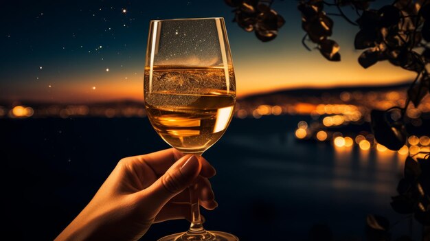 Hand holding glass of sparkling wine in the beauty of evening Enjoying a glass of wine