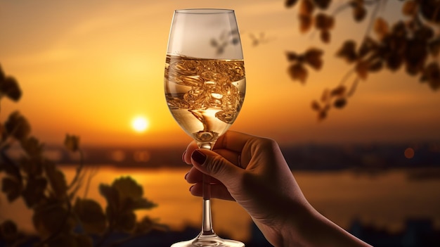 Hand holding glass of sparkling wine in the beauty of evening Enjoying a glass of wine