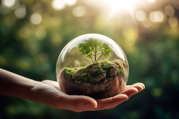 A hand holding a glass sphere with a tree inside.