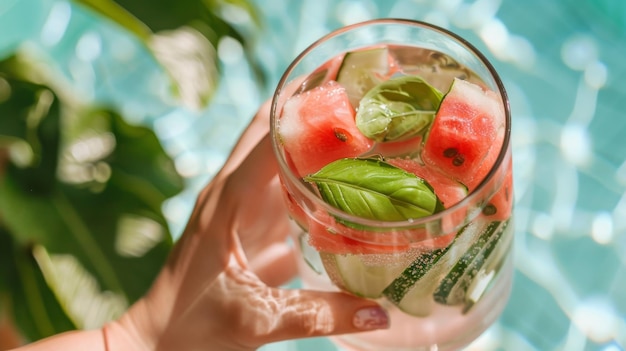 A hand holding a glass of watermelon and basilinfused water with slices of fresh fruit floating in the cool clear liquid