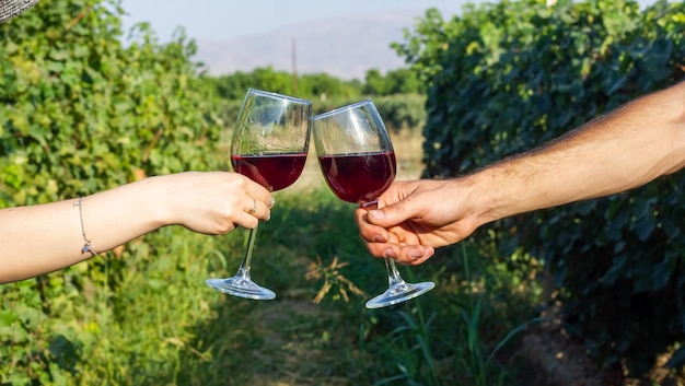 a hand holding glass of wine in vineyard