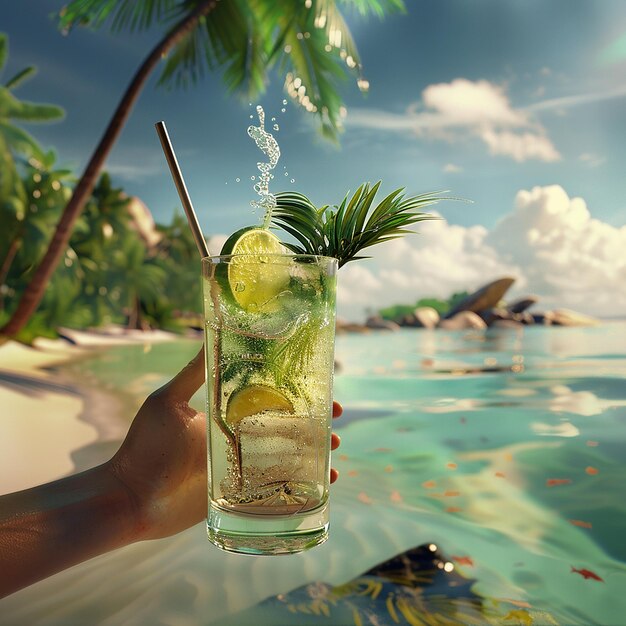 Photo a hand holding a glass with a straw and a palm tree on the beach