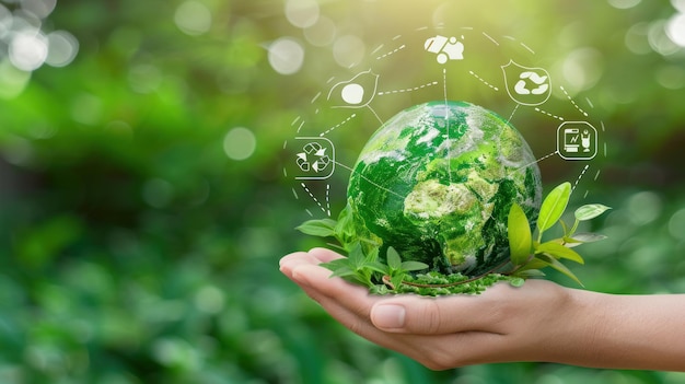 A hand holding a globe and recycling icon on a green background