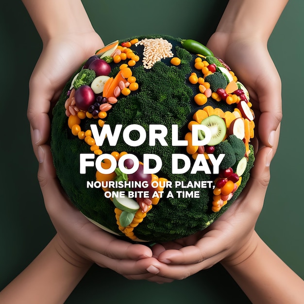 Photo hand holding a globe that says world food day on it