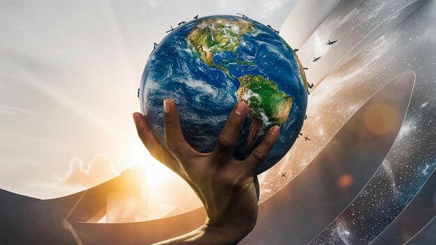 a hand holding a globe with the earth in the background