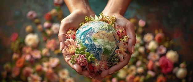 A hand holding a globe with flowers growing on it