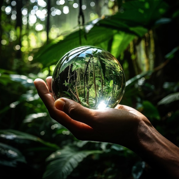 hand holding a globe with green leaves hand holding a globe with green leaves